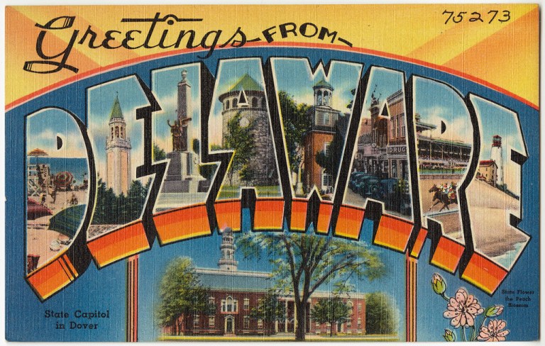 Greetings from Delaware -- state capitol in Dover, state flower the peach blossom.jpg