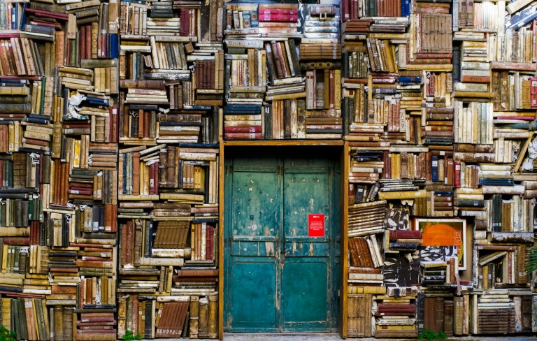 blue wooden door surrounded by book covered wall.jpg