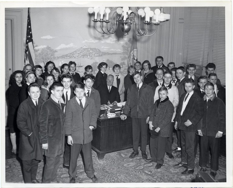 St. Mary's School of South Boston civic classes call at City Hall to observe city givernment and are briefed by Mayor John F. Collins.jpg