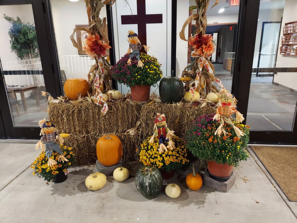 Featured Photo: The Beauty of Fall Color & Flower of the Day – Great Autumn Setting Yellow & Orange Chrysanthemums Including Bales of Hay & Pumpkins at a Local Church
