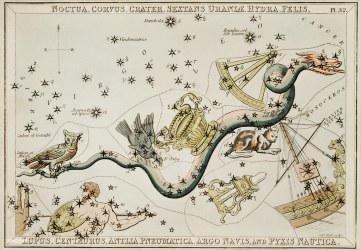 Sidney Hall&rsquo;s (1831) astronomical chart illustration of the Noctua, Corvus, Crater, Sextans Uraniae, Hydra, Felis, Lupus, Centaurus, Antlia Pneumatica, Argo Navis, and teh Pyxis Nautica. Original from Library of Congress. Digitally enhanced by rawpi.jpg