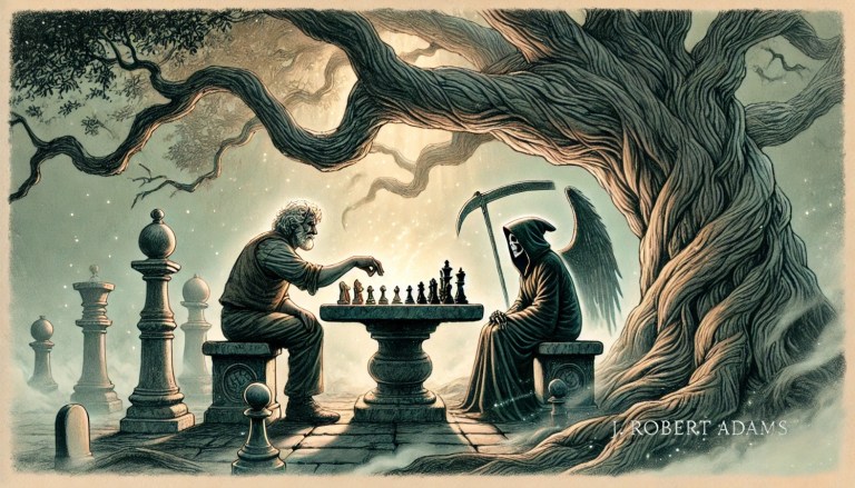 The Boy Upon Death__sch12 'A Game of Chess' in a mystical, ethereal setting. The illustration features an ancient stone che.jpg