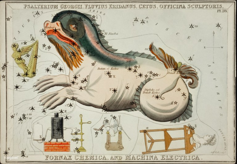Sidney Hall’s (1831) astronomical chart illustration of the Psalterium Georgii, Fluvius Eridanus, Cetus, Officinal Scupltoris, Fornax Chemica, and Machina Electrica. Original from Library of Congress. Digitally enhanced by rawpixel..jpg