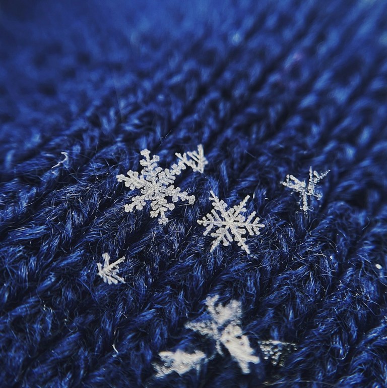 A close up of snow flakes on a blue sweater.jpg